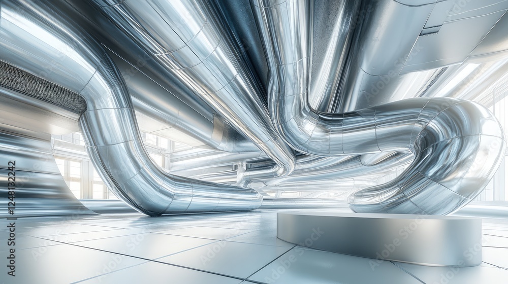 Poster A futuristic metallic pipe running through a building with intricate bends, set beside an empty podium for packaging product display.
