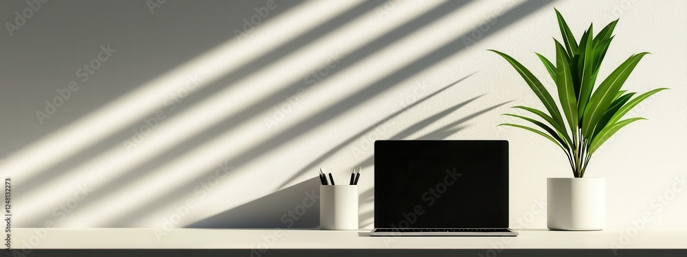 Poster minimalist workspace with laptop and plant creating an aesthetic atmosphere with shadow play and nat