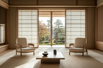 Fototapeta premium A serene Japandi living room with neutral tones, cozy armchairs, and minimalist decor.