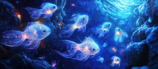 Fototapeta premium A mesmerising scene of luminous fish gracefully swimming in deep blue sea