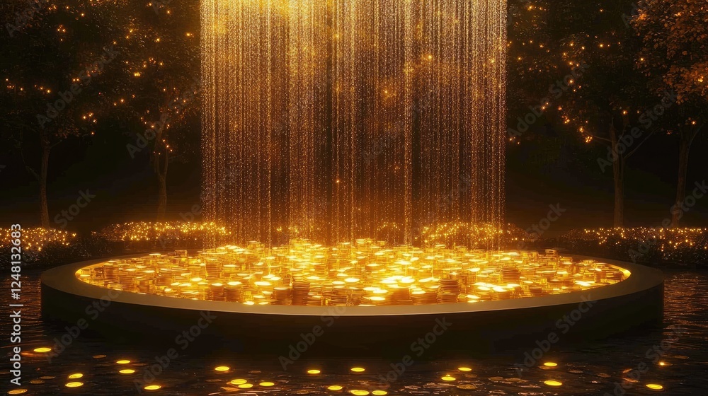 Poster A glowing fountain flowing with golden liquid coins and bars into a shimmering pool, symbolizing abundance and wealth circulation, with an elegant empty podium for display.