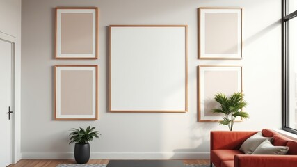 Modern minimalist living room with blank picture frames and orange sofa
