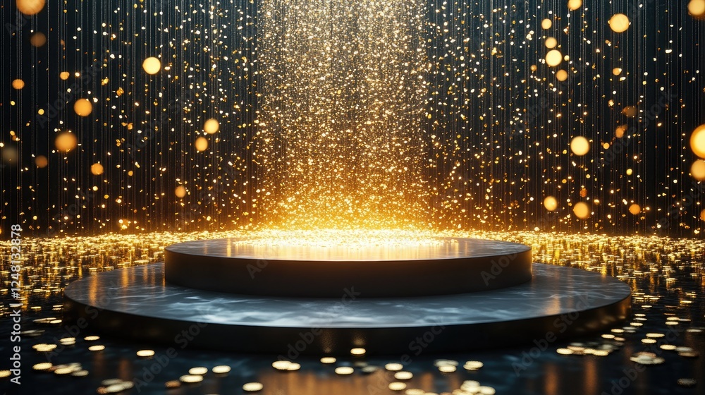 Poster a glowing fountain of golden coins and bars flowing into a shimmering pool, embodying abundance, wit