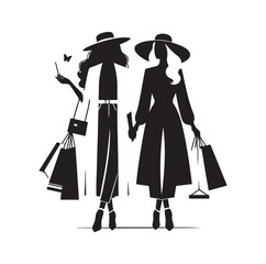 Two female friends shopping silhouette vector illustration