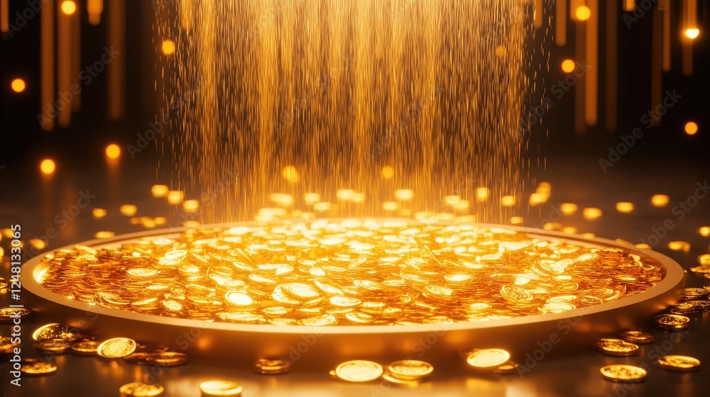 Poster a glowing fountain of golden coins and bars flowing into a shimmering pool, embodying abundance, wit