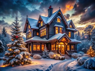 A black Christmas Eve architectural marvel:  Santa's dark house, a winter wonderland scene, festive and majestic.