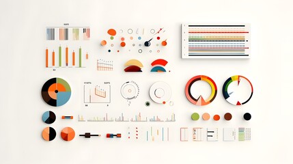 A collection of simple and minimalist business infographic icons such as pie charts bar graphs and line graphs neatly arranged and displayed on a clean white surface