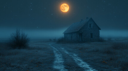 Naklejka premium Moonlit landscape with an old stone house on a foggy night