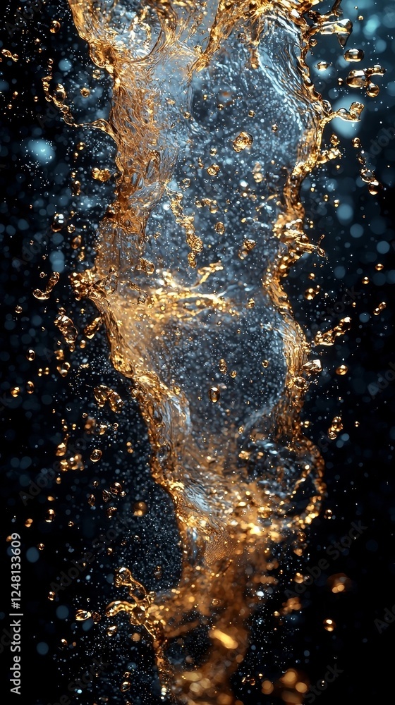 Poster surreal liquid gold frame floating in textured dark space with shifting shapes