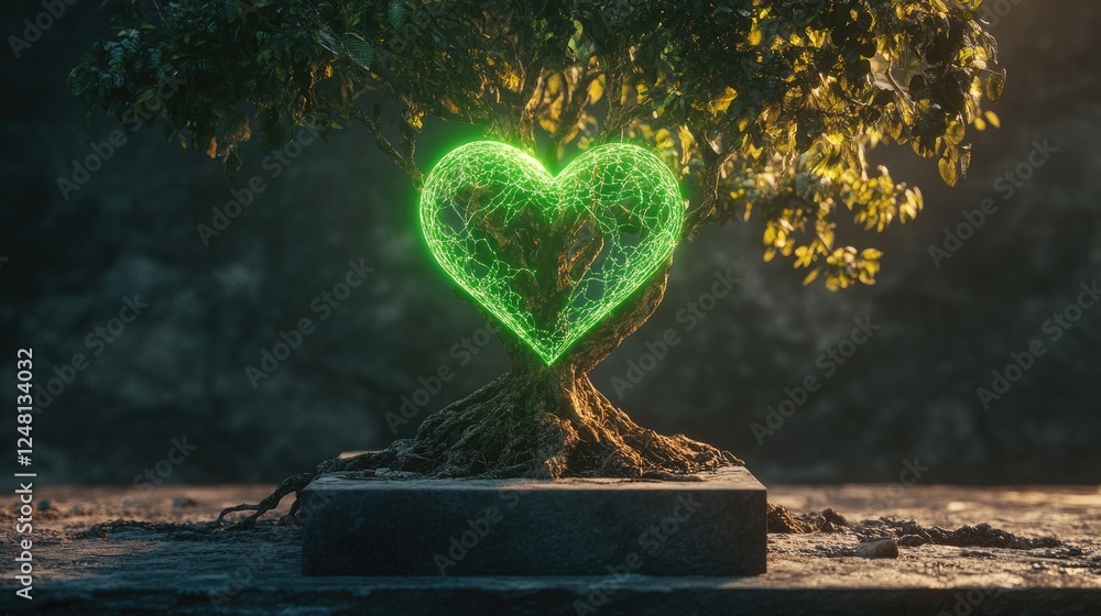 Aufkleber a glowing green heart embedded in the roots of an ancient tree, pulsing with radiant energy, symboli