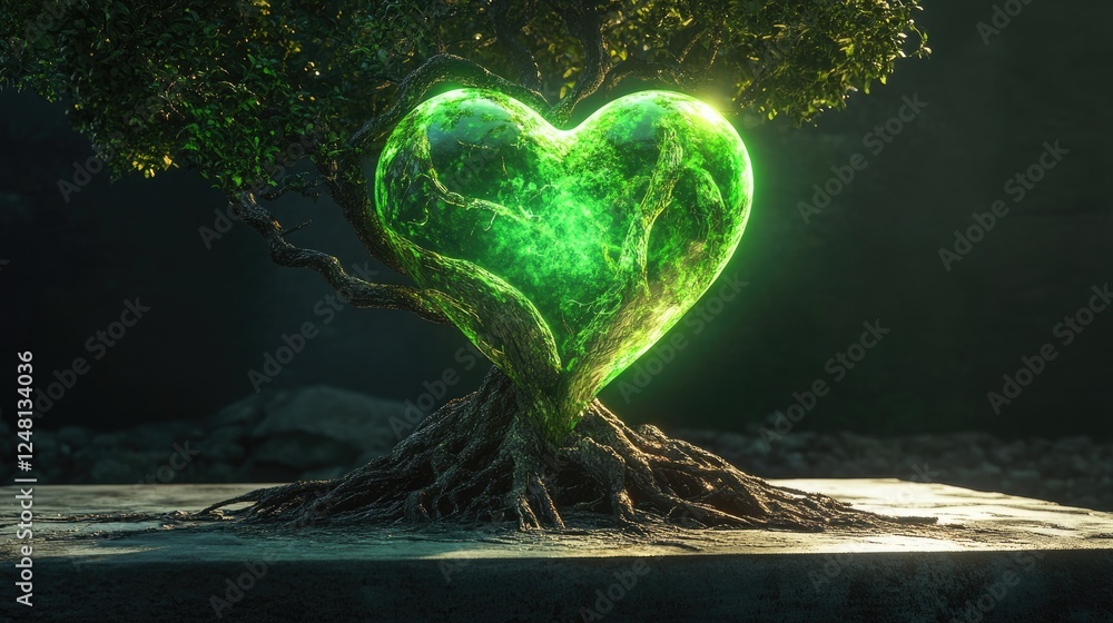 Poster a glowing green heart embedded in the roots of an ancient tree, pulsing with radiant energy, symboli