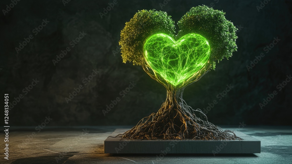 Poster a glowing green heart embedded in the roots of an ancient tree, pulsing with radiant energy, symboli