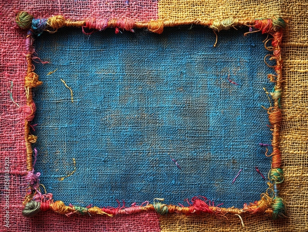 Poster soft fabric wrapped frame with colorful threads and embroidered patterns evoking warmth and creativi