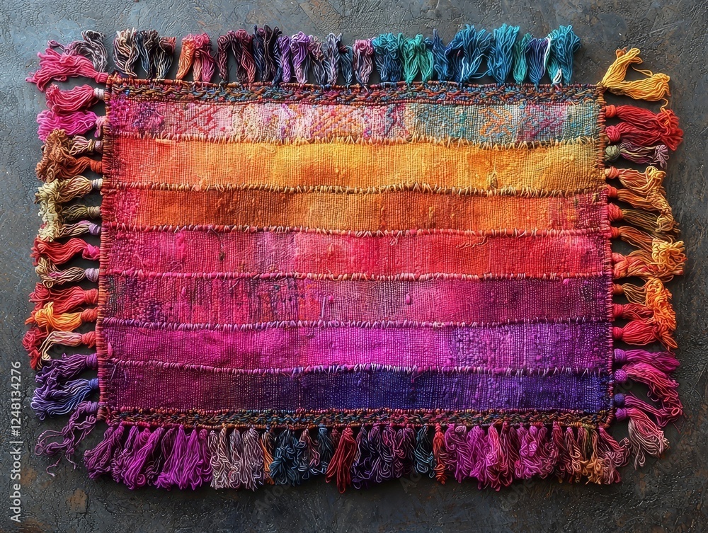 Poster vibrant and textured fabric wrapped frame with colorful threads and embroidered patterns evoking war