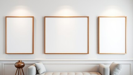 Elegant living room interior with three empty wooden frames above a plush couch