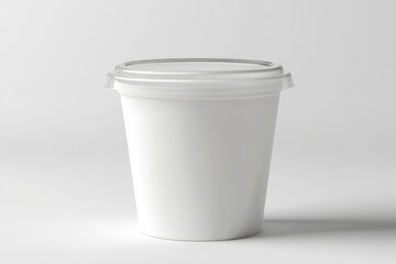 A yogurt cup mockup with a transparent lid, allowing the contents to be visible, placed on a clean white background.