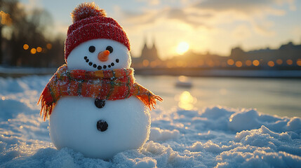 Obraz premium On a winter morning, a cute snowman standing on a pile of snow. A cute snowman with a red fur hat and a red checkered scarf. The sun is rising in the distance behind the snowman.