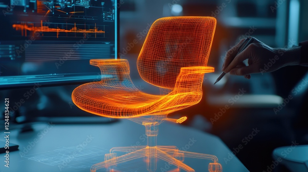 Poster a glowing outline of a virtual chair model hovers over a hand-drawn design, with a designer adjustin