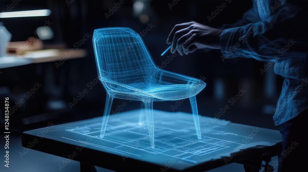 Poster A glowing virtual chair model hovers over a hand-drawn sketch, with a designer adjusting proportions in real-time using a stylus, showcasing a mix of digital and physical design processes.