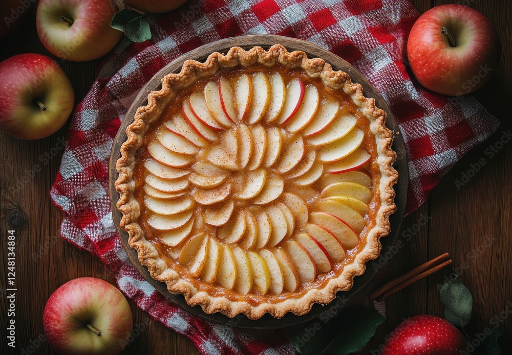 Poster freshly baked apple pie with sliced red apples arranged in spirals on a rustic wooden table surround