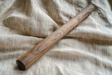 Wooden rolling pin lying flat on a textured linen tablecloth