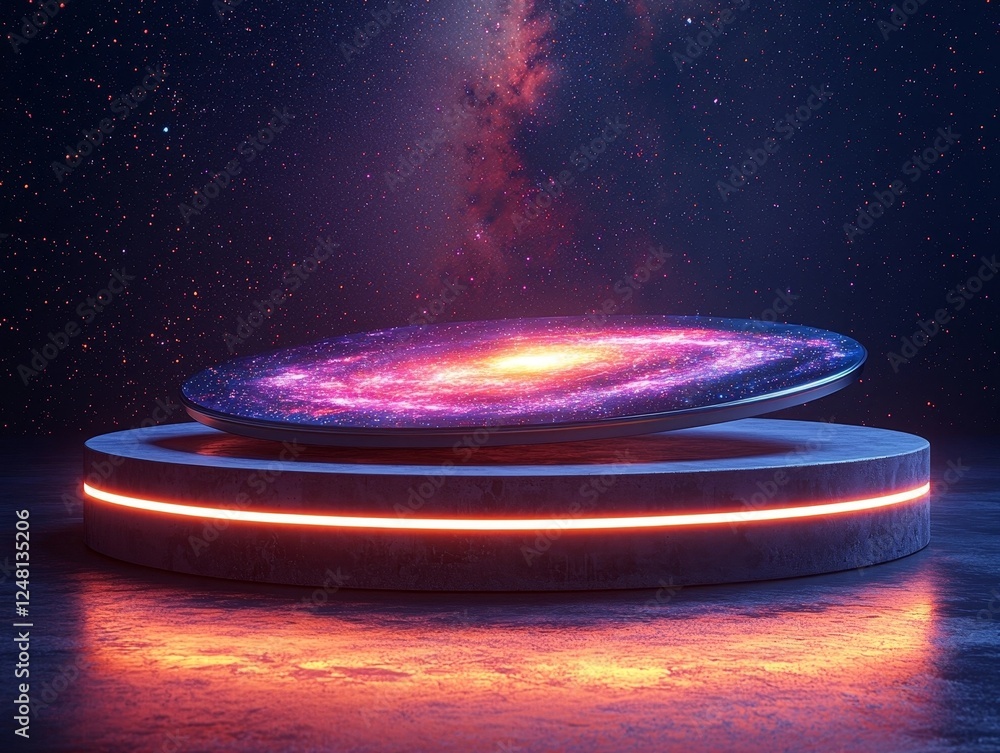 Aufkleber futuristic metallic frame encapsulating swirling galaxy scene floating in minimalist space