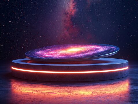 Futuristic Metallic Frame Encapsulating Swirling Galaxy Scene Floating in Minimalist Space