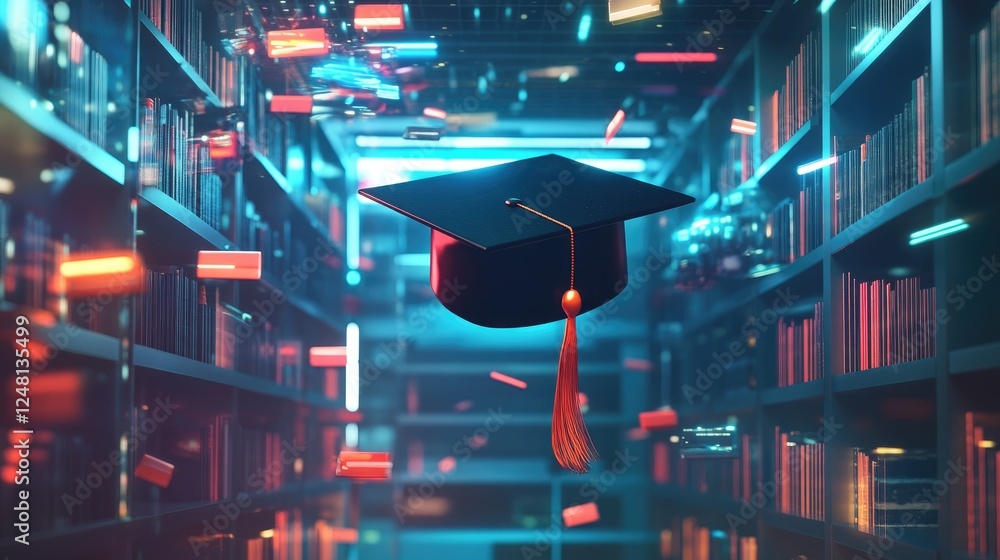 Poster a graduation cap floating in a futuristic library with digital books flying around, symbolizing onli