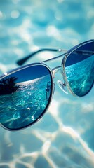Sunglasses capture the vibrant reflection of a tranquil beach and crystal-clear sea, set against a pristine white backdrop. This artistic composition highlights the beauty of summer