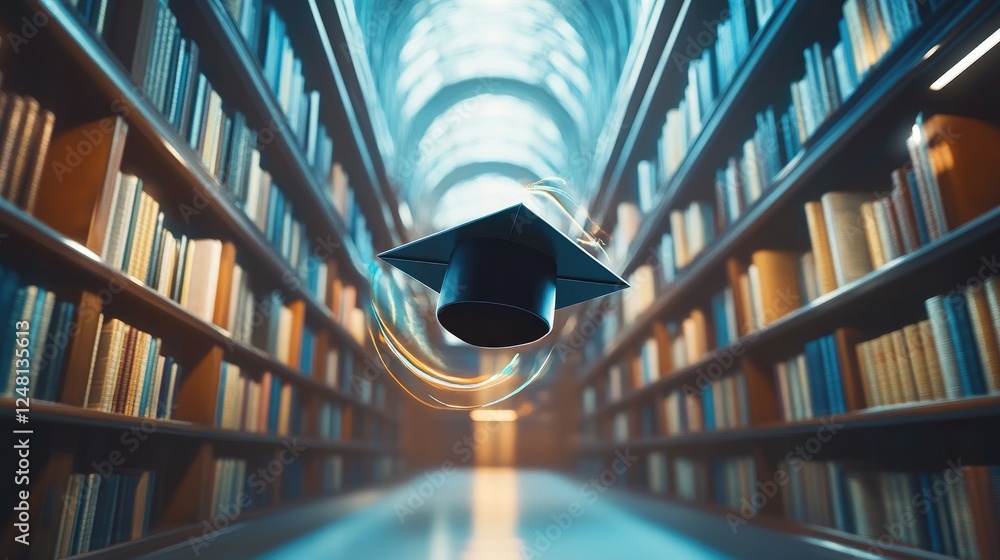 Poster a graduation cap hovering in a futuristic library with digital books in motion, symbolizing the futu