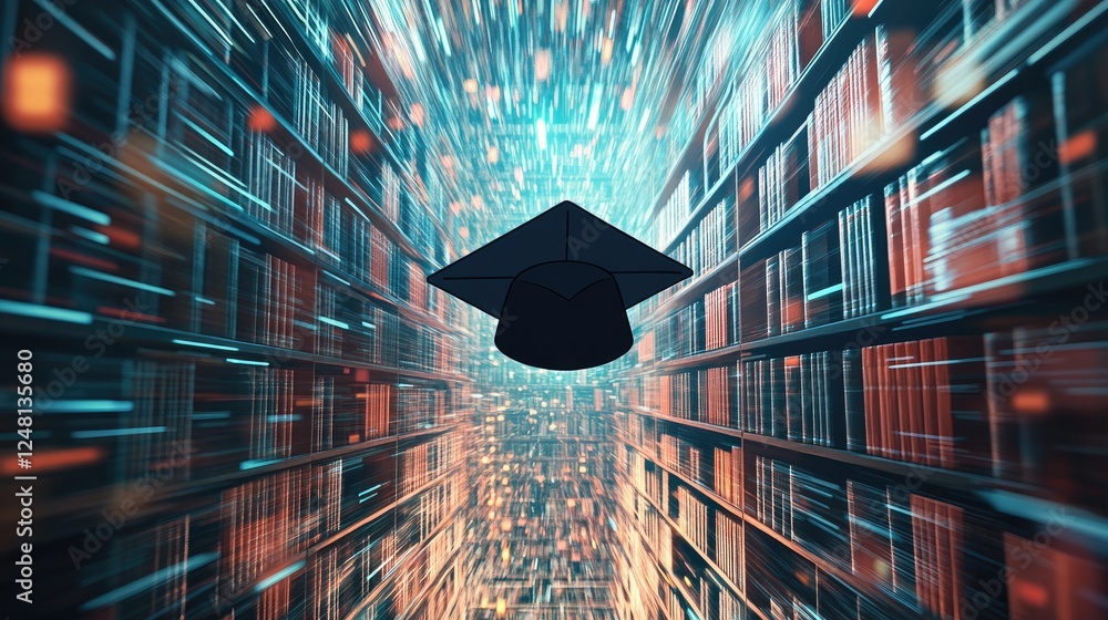 Poster a graduation cap hovering in a futuristic library with digital books in motion, symbolizing the futu
