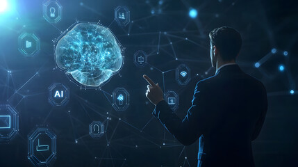 A businessman interacts with a digital AI brain interface, illustrating advanced technology and future innovation.