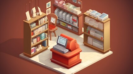 Obraz premium Isometric view of a small abandoned educational supply store with dusty worn shelves unsold books and an empty cash register showcasing a interior of a retail space that has fallen into disrepair