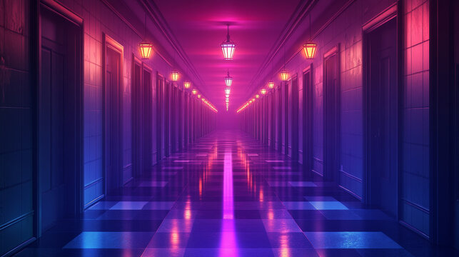 Prom night cartoon invitational poster to graduation party or disco with empty dark school corridor, college or university hallway with glow lams perspective view. Bachelor celebration vector flyer