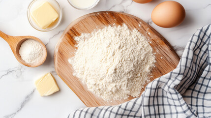 Close-up of baking ingredients: flour, eggs, milk and butter on a wooden cutting board for homemade recipes.