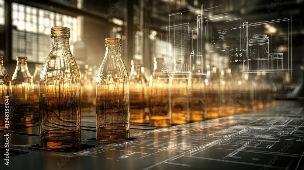 Poster A group of glass bottles gleams under factory lights, ready for transformation into new products, with surrounding sketches emphasizing their potential for reuse and sustainable production.