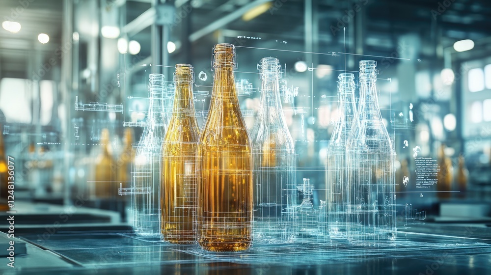 Poster A group of glass bottles gleams under factory lights, ready for transformation into new products, with surrounding sketches emphasizing their potential for reuse and sustainable production.