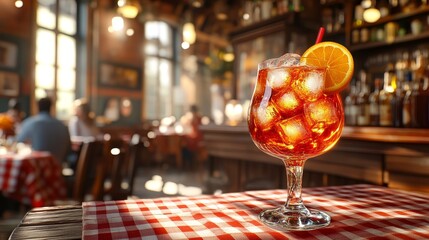 Cocktails are served in glass cups, with large ice cubes and orange slices placed on wooden tables in Italian restaurants, creating warm lighting, vintage decor, and a lively dining atmosphere