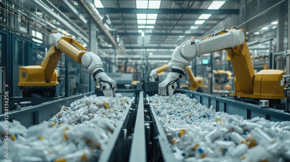 Poster a high-tech recycling plant converting medical waste into biodegradable materials using advanced aut