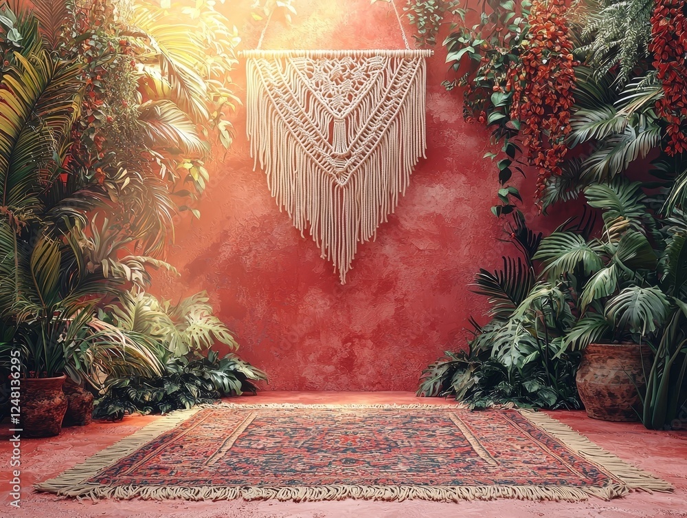 Poster bohemian macrame frame with earthy tones and delicate knotted patterns in tropical setting