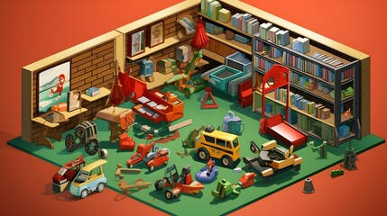 Obraz premium Abandoned and neglected toy display in a struggling retail store with missing pieces and dust collecting depicting a melancholy and deteriorating scene in an isometric bold style