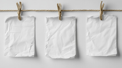Folded posters hang on rope and pins, white paper blank sheets of wrinkled texture. Mockup for flyer, advertisement or letter with folds, crumpled torn pages, Realistic 3d vector illustration set