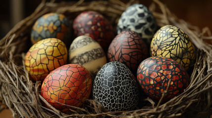 Fototapeta premium Cute fantasy colorful dinosaur eggs cartoon vector illustration collection. Colored and decorated Easter icon. Childish Jurassic fairytale monster or snake oval nest element with different patterns.