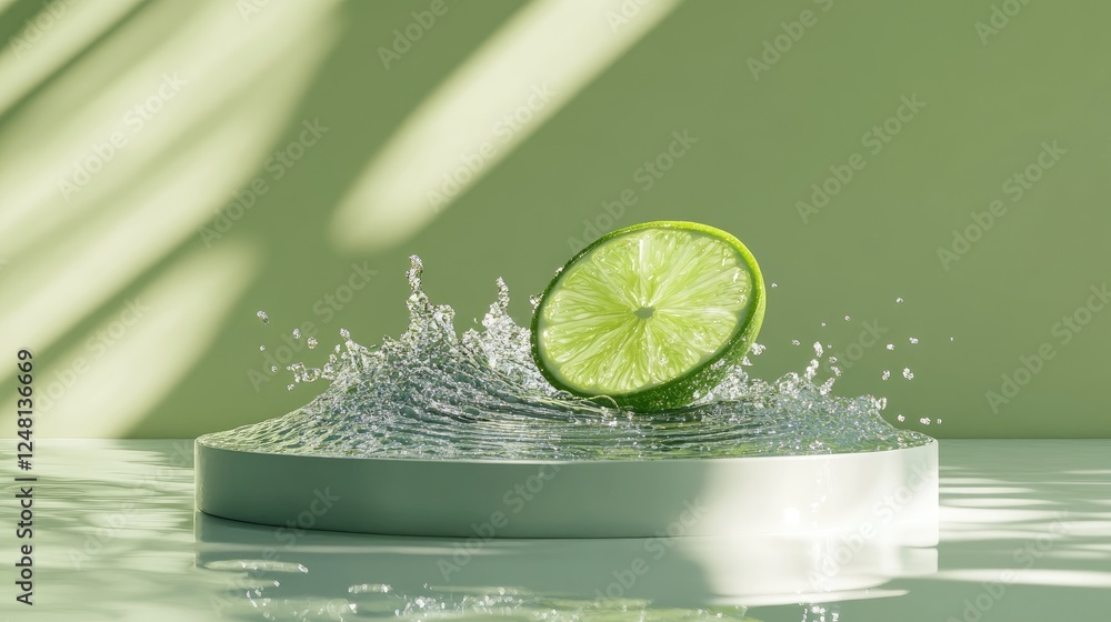 Poster A lime slice floating on a sparkling wave, surrounded by shimmering water droplets, evoking a sense of cool summer refreshment, with a minimalist podium.