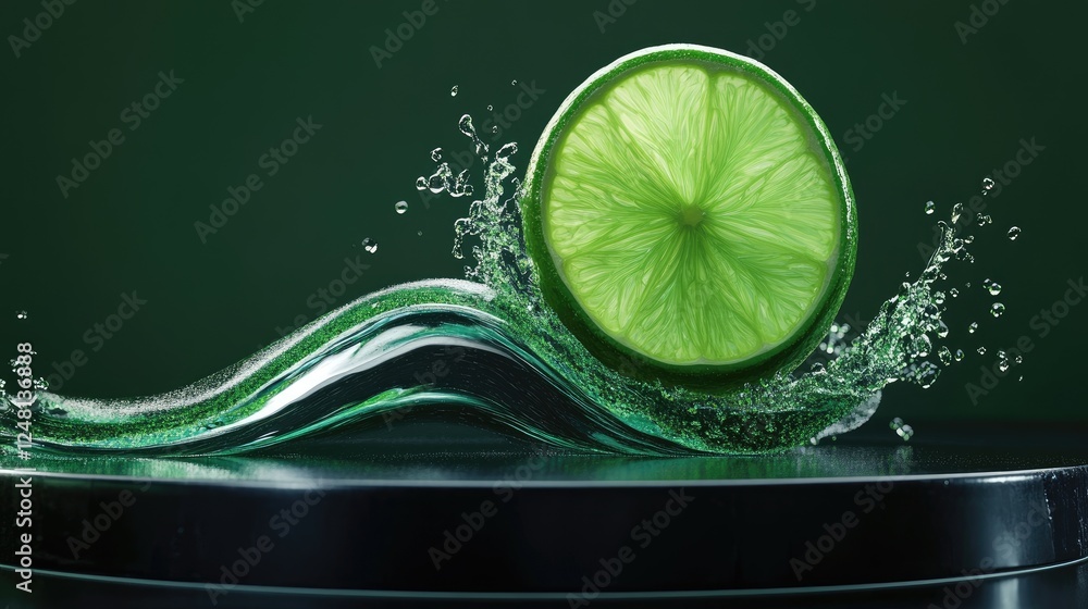 Poster a lime slice flowing atop a shimmering water wave, encircled by droplets, representing vibrant cooln