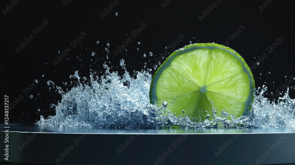 Poster A lively lime slice riding a sparkling wave of water, symbolizing refreshing coolness, with an empty display pedestal ready for product showcase.