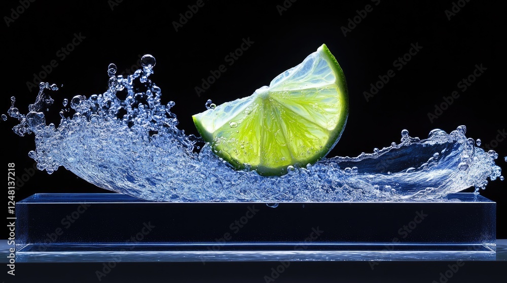 Poster A lively lime slice riding a sparkling wave of water, symbolizing refreshing coolness, with an empty display pedestal ready for product showcase.