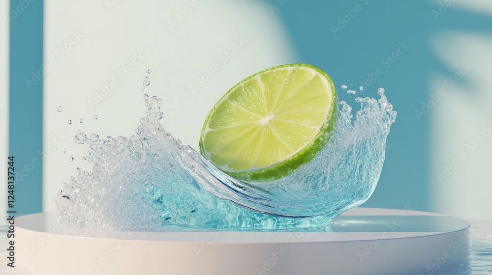 Poster A lively lime slice riding a sparkling wave of water, symbolizing refreshing coolness, with an empty display pedestal ready for product showcase.