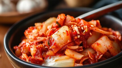 Close-up image of fermented Chinese cabbage kimchi asian cuisine, fermented vegetables, probiotics, healthy eating, diet food.
