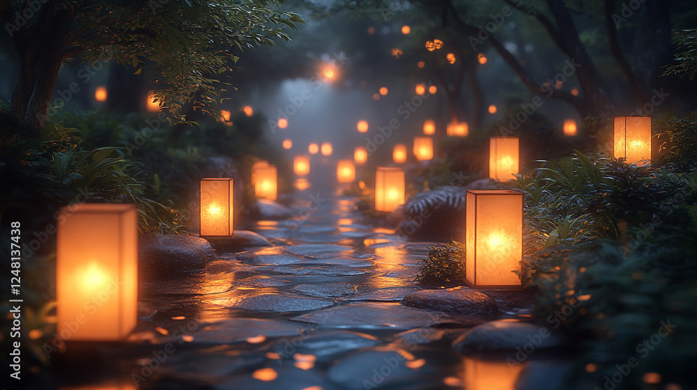 Poster serene pathway illuminated by lanterns in a tranquil garden during twilight hours